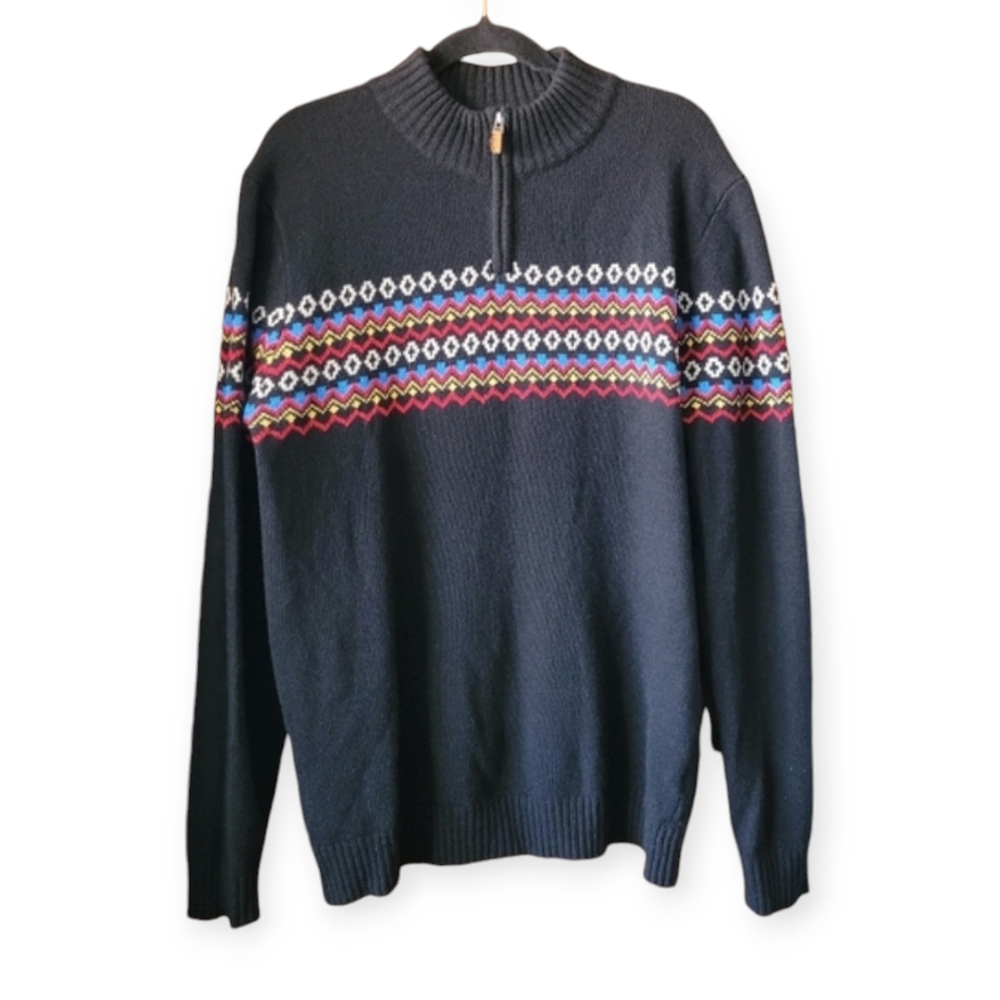 Simons Wool Blend Fair Isle Grandpa Sweater large black